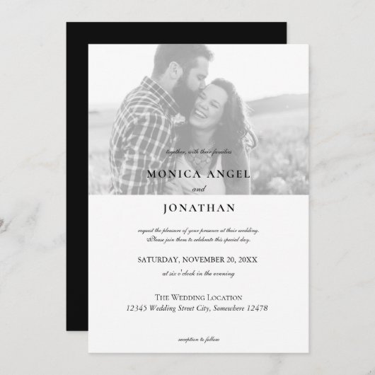 エレガントな横型ブラック&ホワイト写真ウェディング-B 招待状 (正面/裏面)