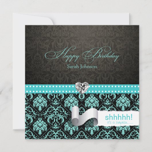 エレガントな水の青及び黒いダマスク織の驚きの誕生日 招待状 (正面)