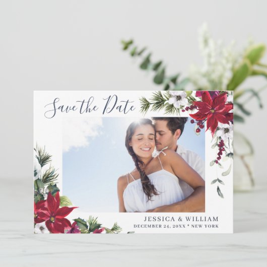 エレガントな水彩のポインセチアと松の写真 ウェディング セーブザデート (スタンド正面)