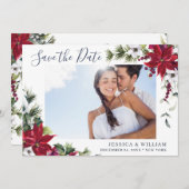 エレガントな水彩のポインセチアと松の写真 ウェディング セーブザデート (正面/裏面)