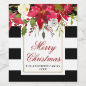 エレガントな水彩のポインセチアのクリスマス ストライプ ワインラベル (シングルラベル)