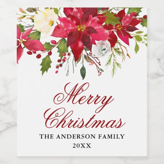 エレガントな水彩のポインセチアのクリスマス ワインラベル (シングルラベル)