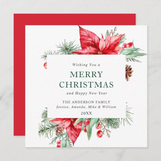エレガントな水彩のポインセチア　クリスマスグリーティング シーズンカード (正面/裏面)