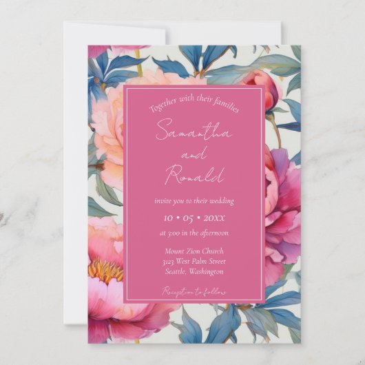 エレガントな水彩の芍薬の花のウェディング 招待状 (正面)