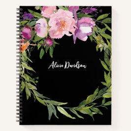 エレガントな水彩の芍薬の花輪 | あなたの名前 ノートブック