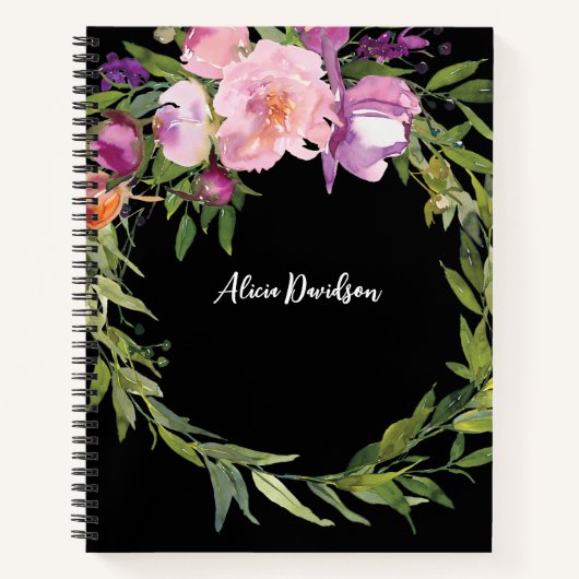 エレガントな水彩の芍薬の花輪 | あなたの名前 ノートブック (正面)