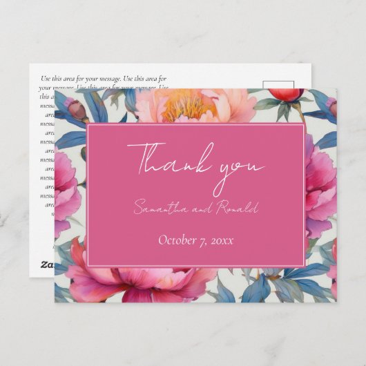 エレガントな水彩の芍薬の花 ウェディング サンクス ポストカード (正面/裏面)