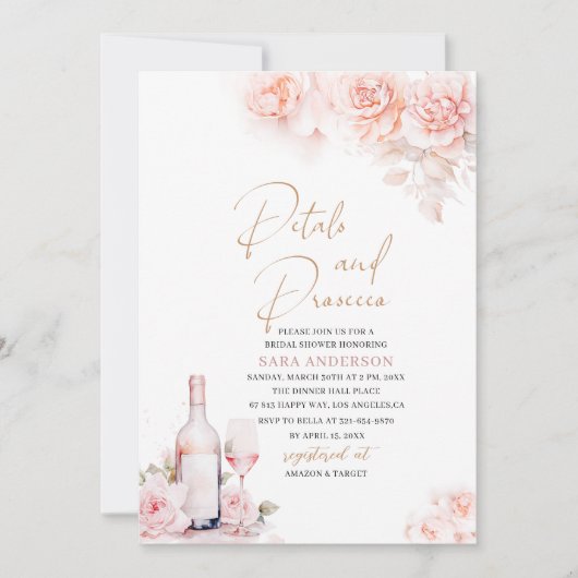 エレガントな水彩の花びらとプロセッコのブライダルショー 招待状 (正面)