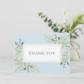 エレガントな水彩の葉のベイビーボーイ ブルー サンキューカード (スタンド正面)