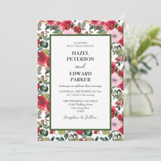 エレガントな水彩の赤いバラの花のウェディング 招待状 (スタンド正面)