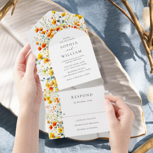 エレガントな水彩の野生の花のウェディング フラワー オールインワン招待状