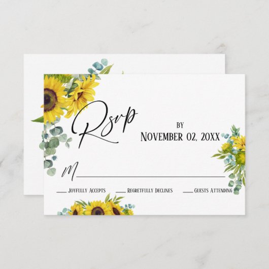エレガントな水彩ひまわりとユーカリのRSVPカード 出欠カード (正面/裏面)