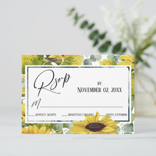 エレガントな水彩ひまわりとユーカリ 出欠カード (スタンド正面)