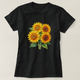エレガントな水彩ひまわりのブーケ柄ブラックTシャツ Tシャツ