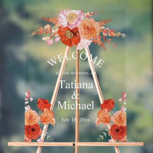 エレガントな水彩オレンジの花のウェルカムウェディング アクリルサイン (ニュートラル)