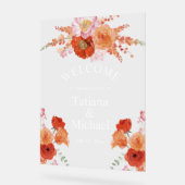 エレガントな水彩オレンジの花のウェルカムウェディング アクリルサイン (傾斜)