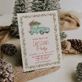 エレガントな水彩クリスマスグリーンの自動車と木のツリーパーティー 招待状
