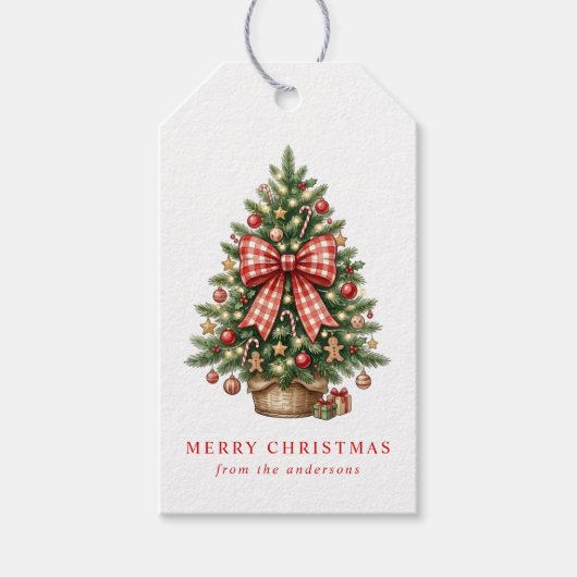 エレガントな水彩クリスマスツリーの赤いギンガムボウ ギフトタグ (正面)