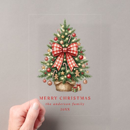 エレガントな水彩クリスマスツリーの赤いギンガムリボン アクリル招待状 (インサイチュ (ポータブル))