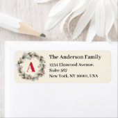 エレガントな水彩クリスマスリースモノグラム ラベル (インサイチュ)