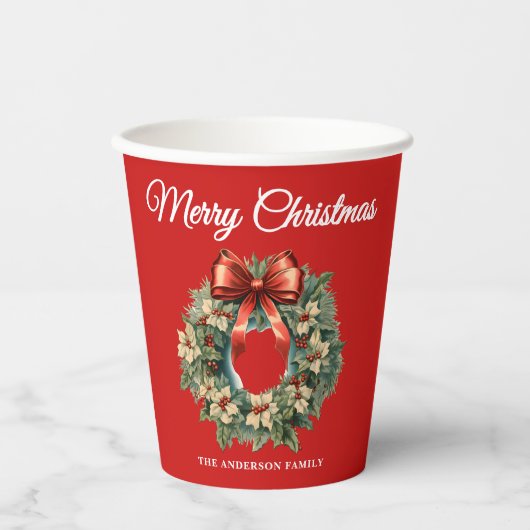 エレガントな水彩クリスマスリース 紙コップ (正面)