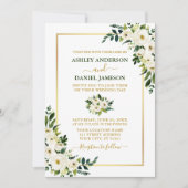 エレガントな水彩グリーンとホワイトの花モチーフ ゴールドのウェディング 招待状 (正面)