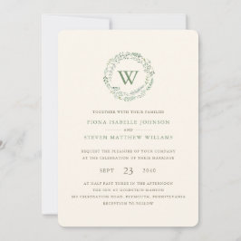 エレガントな水彩グリーンのリース ウェディング 招待状