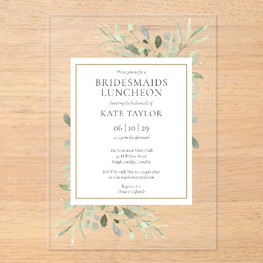 エレガントな水彩グリーンの花嫁の友人ランチョン アクリル招待状 (正面)