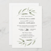 エレガントな水彩グリーンの葉の装飾 ウェディング 招待状 (正面/裏面)