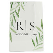 エレガントな水彩グリーン モノグラムイニシャル ミディアムペーパーバッグ (裏面)