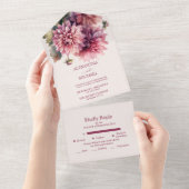 エレガントな水彩コーラルとピンクのダリアのウェディング オールインワン招待状 (貼ってはがせる)