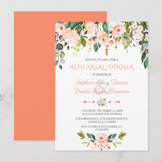 エレガントな水彩コーラル フラワーズ リハーサル ディナー 招待状 (正面/裏面)