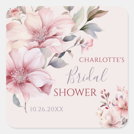 エレガントな水彩ソフトピンクの花のブライダルシャワー スクエアシール (正面)