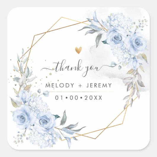エレガントな水彩ダスティーブルーのバラの感謝 スクエアシール (正面)