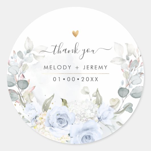 エレガントな水彩ダスティーブルーのバラの感謝 ラウンドシール (正面)