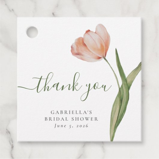エレガントな水彩チューリップグリーンのブライダルシャワー フェイバータグ (正面)