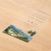 エレガントな水彩トロピカルカリビアンウェディングアーチ アクリル招待状 (レイダウン)