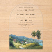 エレガントな水彩トロピカルカリビアンウェディングアーチ アクリル招待状 (正面)