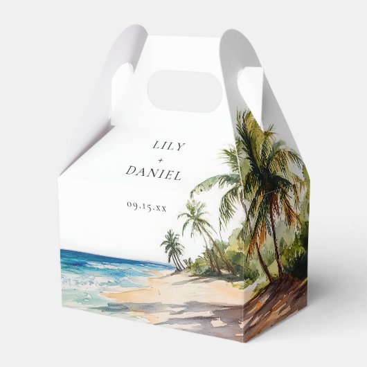 エレガントな水彩トロピカルビーチウェディング フェイバーボックス (正面サイド)