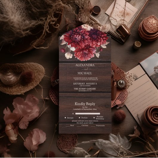 エレガントな水彩バーガンディダリアのウェディング オールインワン招待状