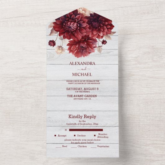 エレガントな水彩バーガンディダリアのウェディング オールインワン招待状 (内側)