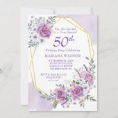エレガントな水彩パープルフラワーの50歳の誕生日 招待状 (正面)