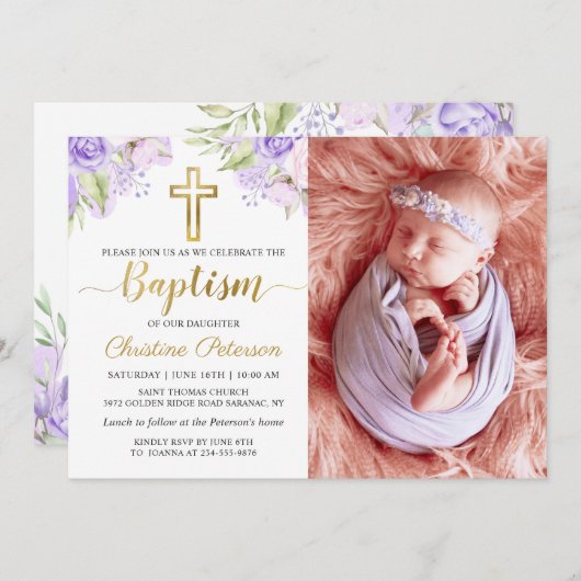 エレガントな水彩パープルフラワー洗礼写真 招待状 (正面/裏面)