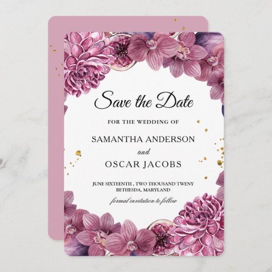 エレガントな水彩ピンクとパープルの蘭とイチジク セーブザデート (正面/裏面)