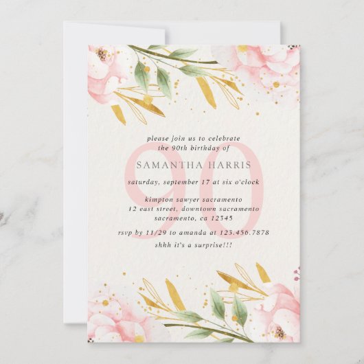 エレガントな水彩ピンクと金90歳の誕生日パーティー 招待状 (正面)