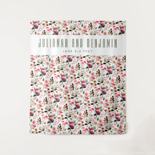 エレガントな水彩ピンクのグリーンカスタムウェディング タペストリー