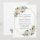 エレガントな水彩ピンクのチーク フラワーローズ ゴールドフレーム 招待状 (正面/裏面)