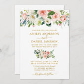 エレガントな水彩ピンクのブッシュ フラワーのゴールドのウェディング 招待状 (正面/裏面)