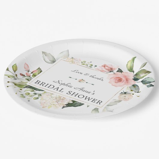 エレガントな水彩ピンクのブライダルシャワー ペーパープレート (アングル)