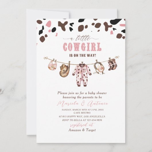 エレガントな水彩ピンクの小さなカウガールベイビーシャワー 招待状 (正面)